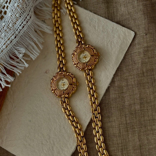 French Vintage Elegant Camellia Flower Round Face Gold Quartz Watch
