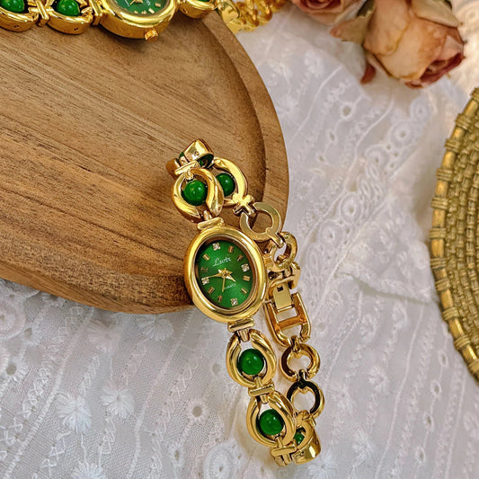 French Vintage Elegant Oval Face Pearl and Emerald Quartz Watch