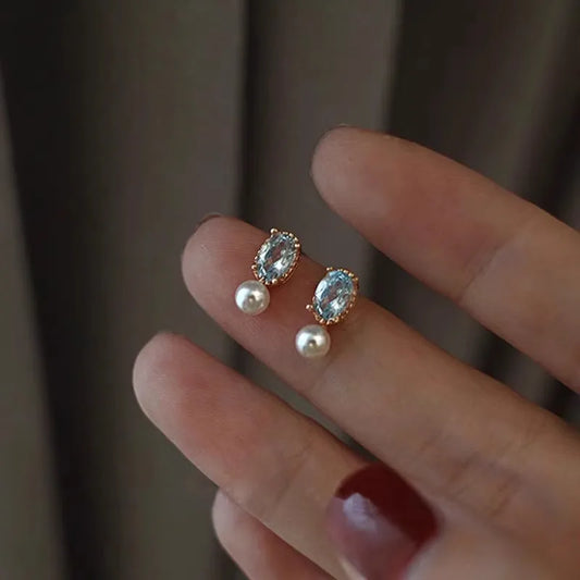 925 Sterling Silver Blue Zircon Pearl Stud Earrings