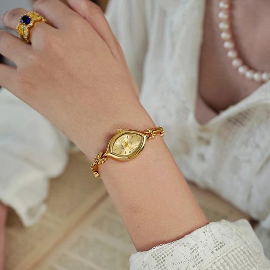 French Vintage Elegant Marquise Face Gold Quartz Watch