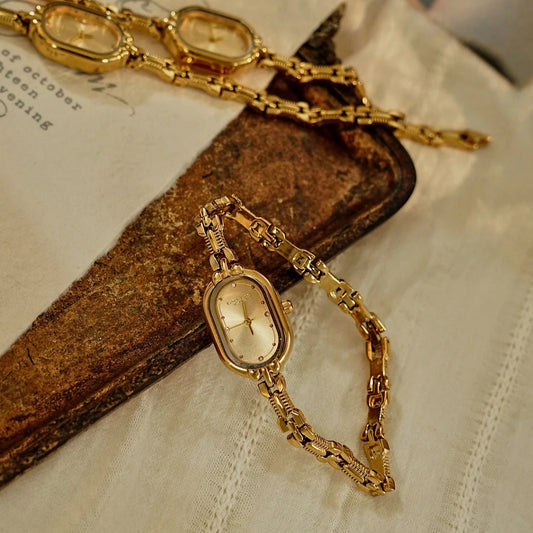 French Vintage Elegant Oval Face Gold Quartz Watch