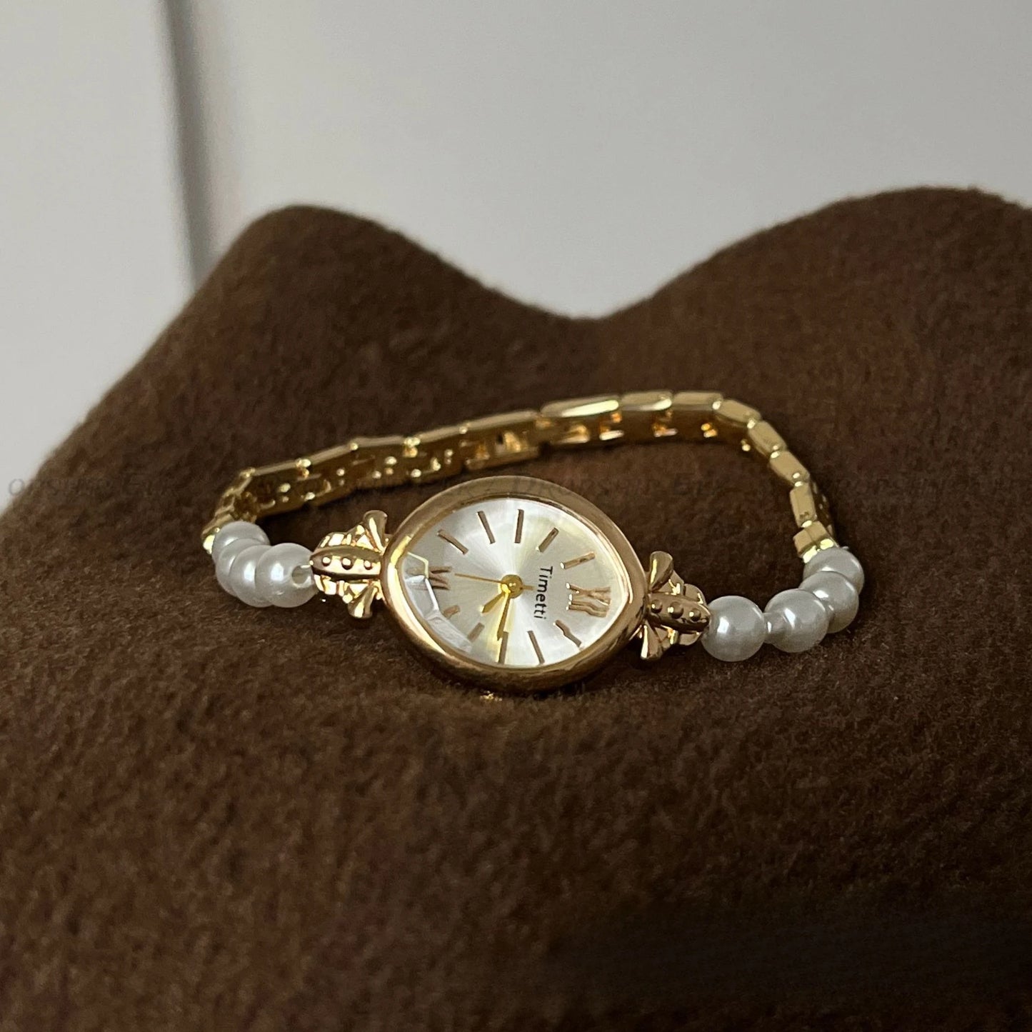 French Vintage Elegant Marquise Face Pearl Quartz Watch