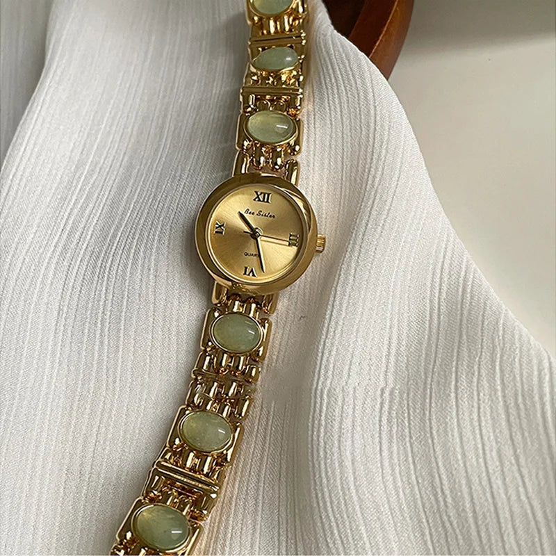 French Vintage Elegant Round Face Green Jade Quartz Watch