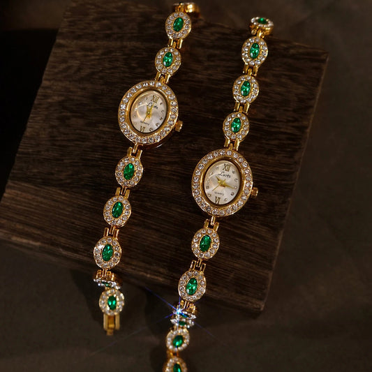 French Vintage Emerald and Ruby Elegant Oval Face Quartz Watch