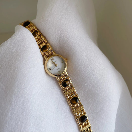 French Vintage Elegant Round Face Brown Tiger Eye Watch