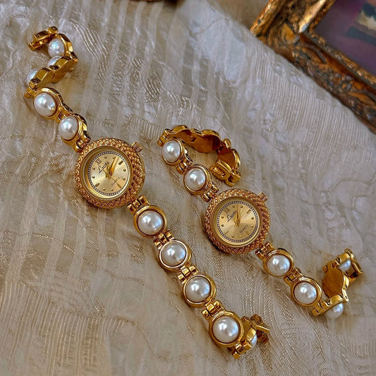 French Vintage Elegant Round Face Pearl Quartz Watch