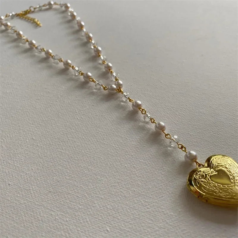 Coquette Pearl Heart Locket Pendant Necklace