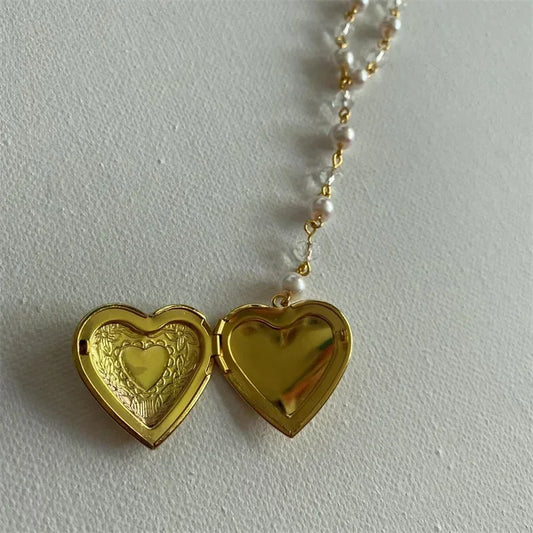 Coquette Pearl Heart Locket Pendant Necklace