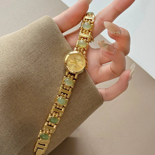 French Vintage Elegant Round Face Green Jade Quartz Watch