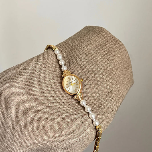 French Vintage Elegant Marquise Face Pearl Quartz Watch