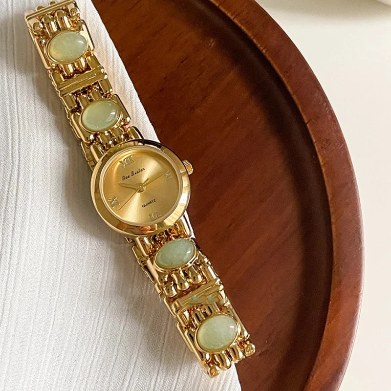 French Vintage Elegant Round Face Green Jade Quartz Watch