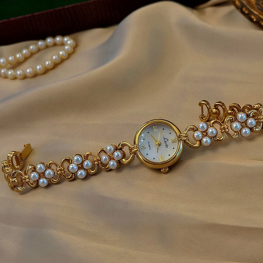 French Vintage Elegant Round Face Pearl Cluster Quartz Watch