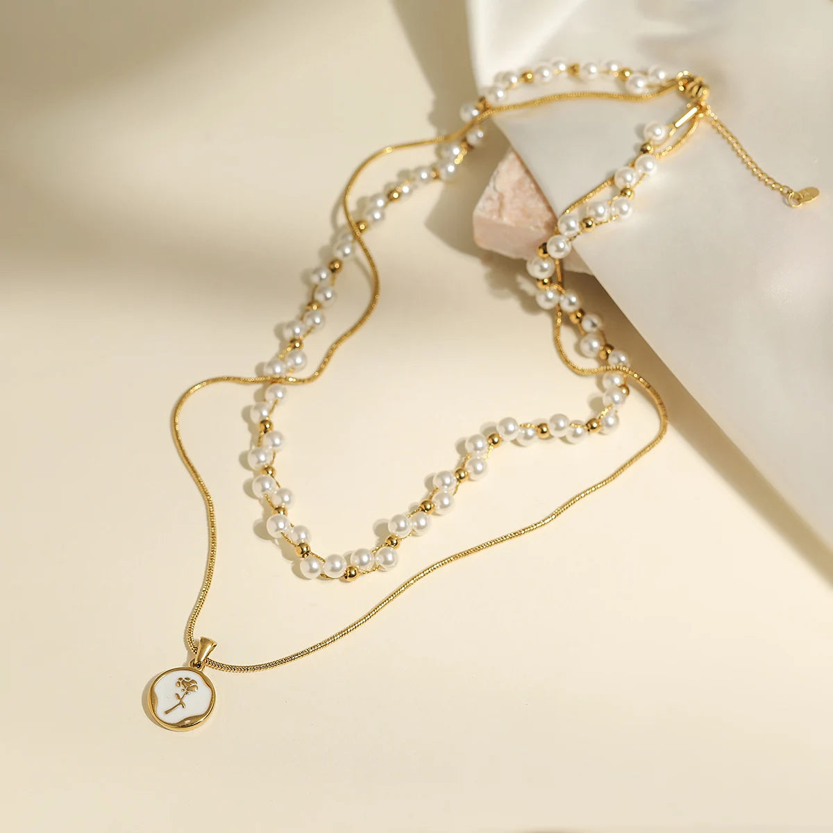 Coquette Double Layered Pearl Rose Pendant Necklace