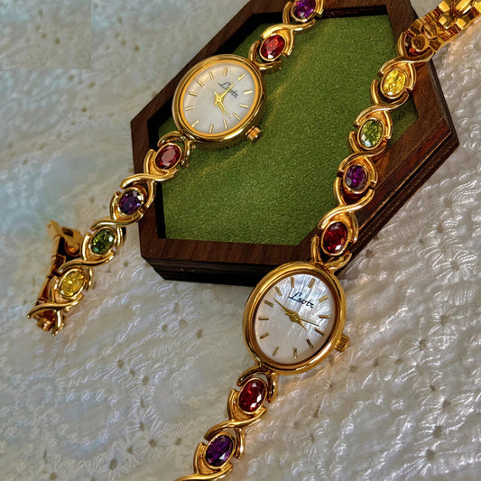 French Vintage Elegant Oval Face Colourful Tourmalines Quartz Watch