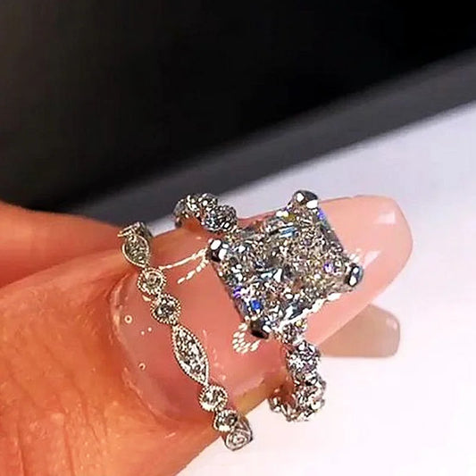 Brilliant Square White Cubic Zirconia Rings Set