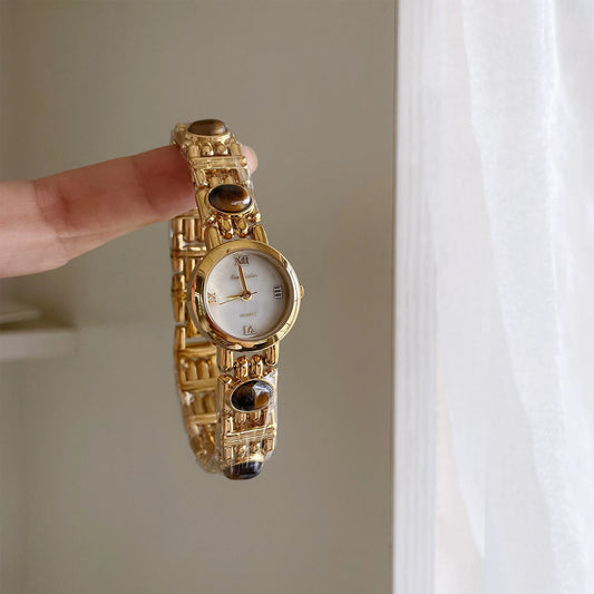 French Vintage Elegant Round Face Brown Tiger Eye Watch