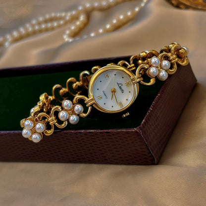 French Vintage Elegant Round Face Pearl Cluster Quartz Watch