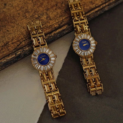 French Vintage Elegant Round Blue Face Quartz Watch