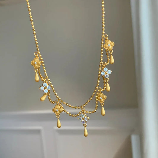 French Vintage Water Droplet Tassel Four-Leaf Clover Necklace