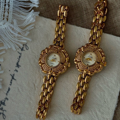 French Vintage Elegant Camellia Flower Round Face Gold Quartz Watch