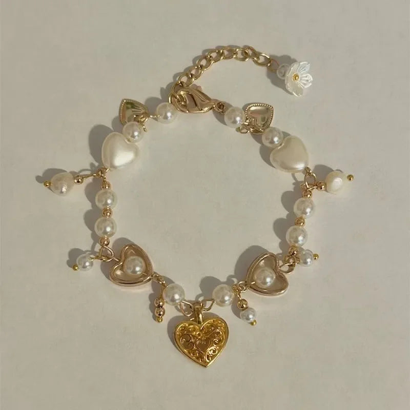 Coquette Pearl Bead Heart Bracelet