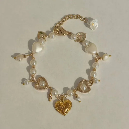 Coquette Pearl Bead Heart Bracelet
