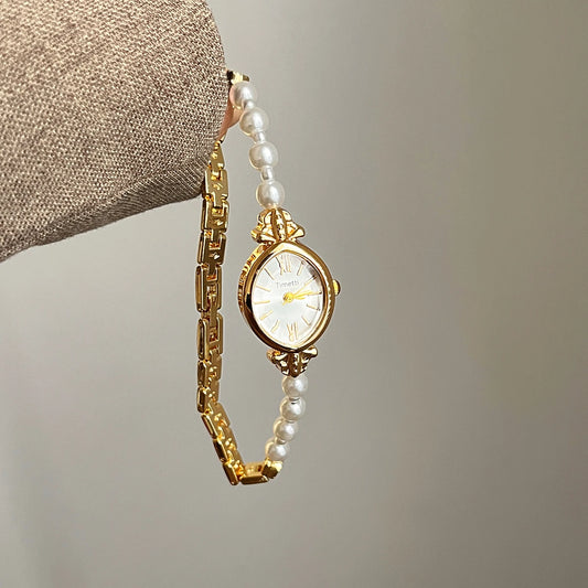 French Vintage Elegant Marquise Face Pearl Quartz Watch