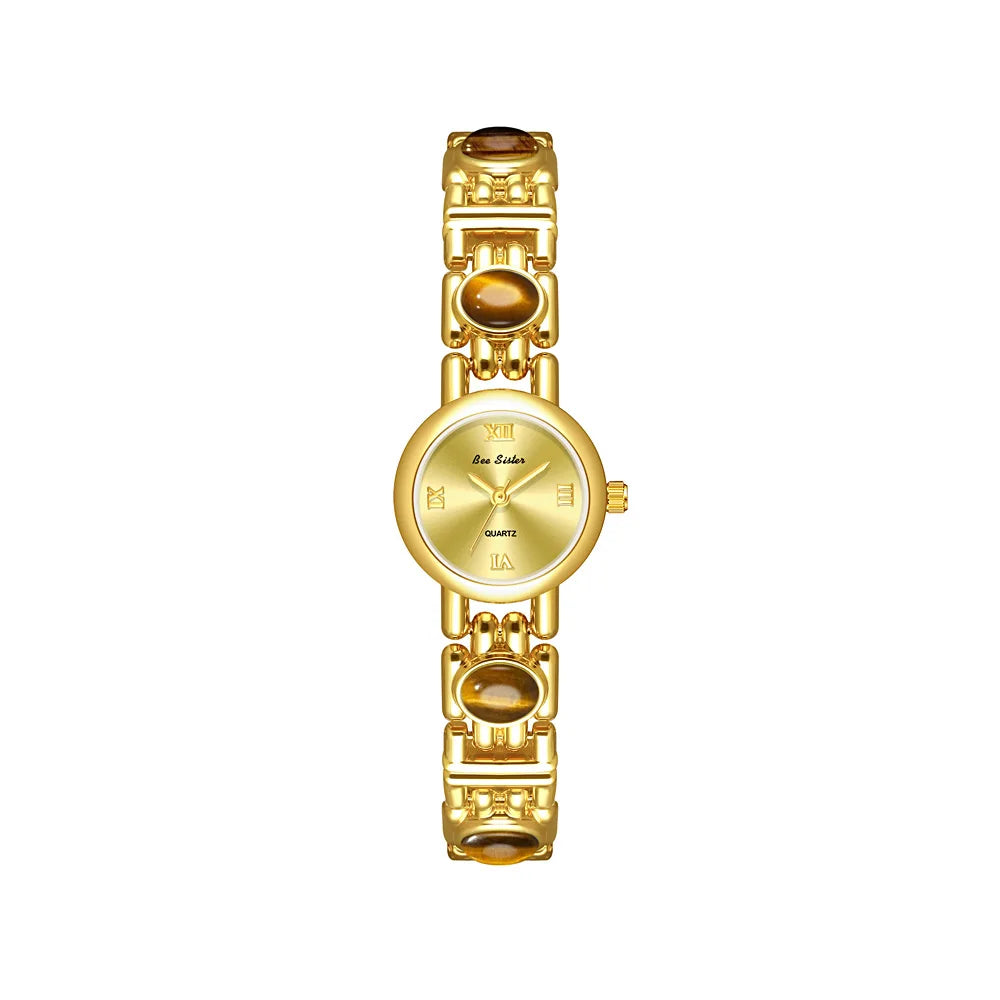 French Vintage Elegant Round Face Brown Tiger Eye Watch