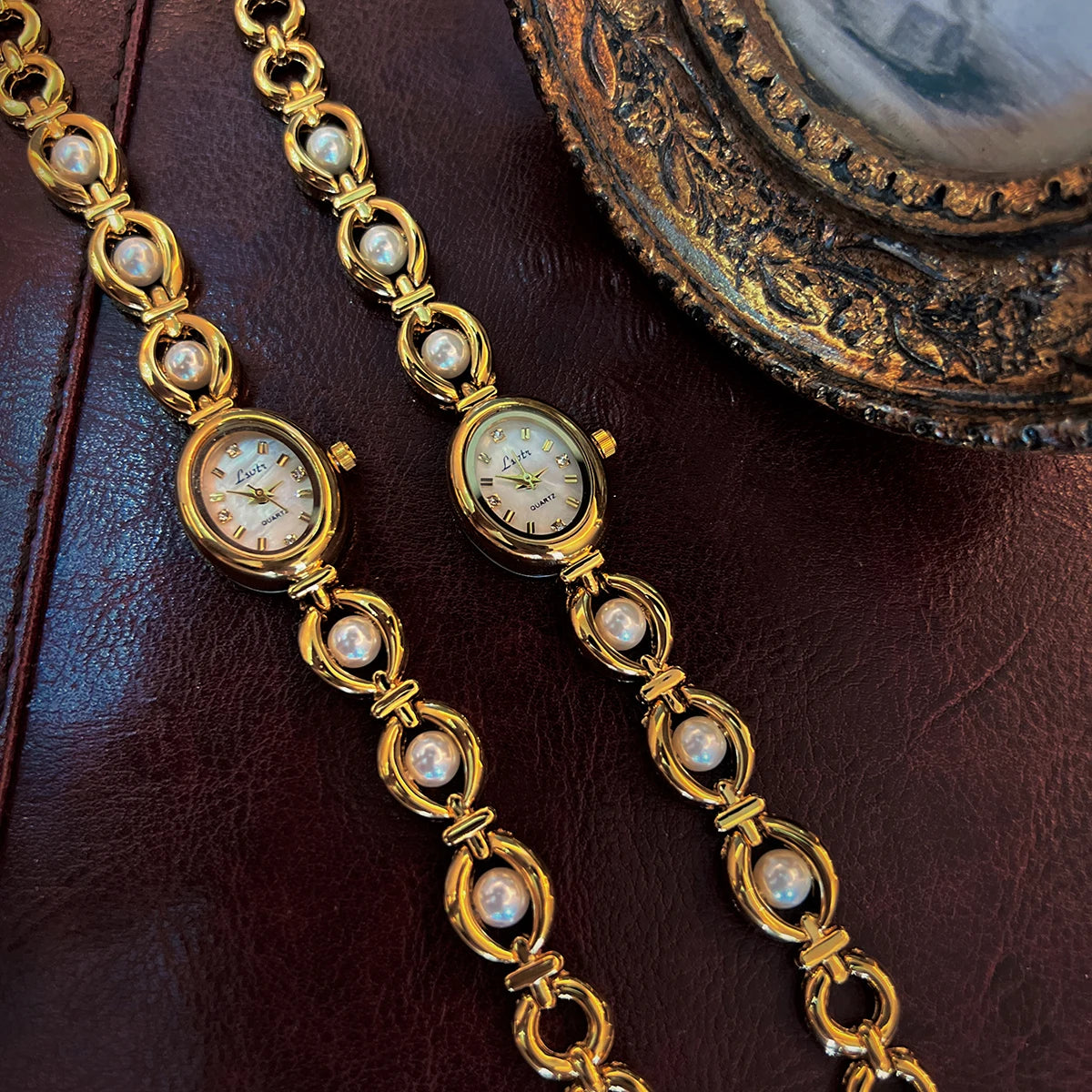 French Vintage Elegant Oval Face Pearl and Emerald Quartz Watch