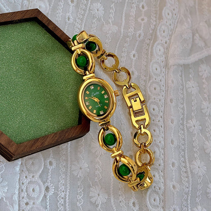 French Vintage Elegant Oval Face Pearl and Emerald Quartz Watch
