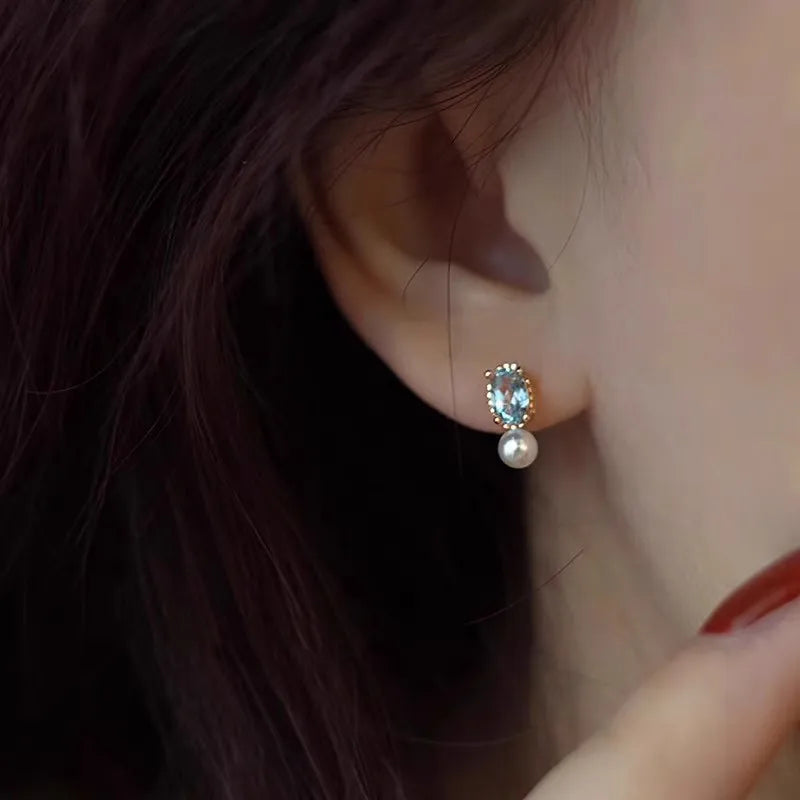 925 Sterling Silver Blue Zircon Pearl Stud Earrings