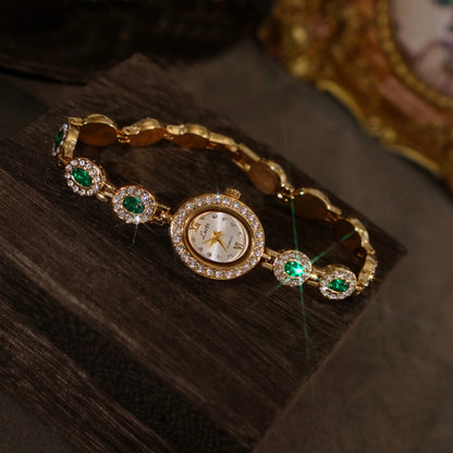 French Vintage Emerald and Ruby Elegant Oval Face Quartz Watch