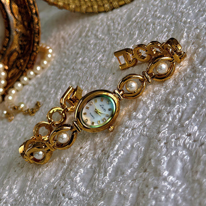 French Vintage Elegant Oval Face Pearl and Emerald Quartz Watch