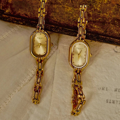 French Vintage Elegant Oval Face Gold Quartz Watch