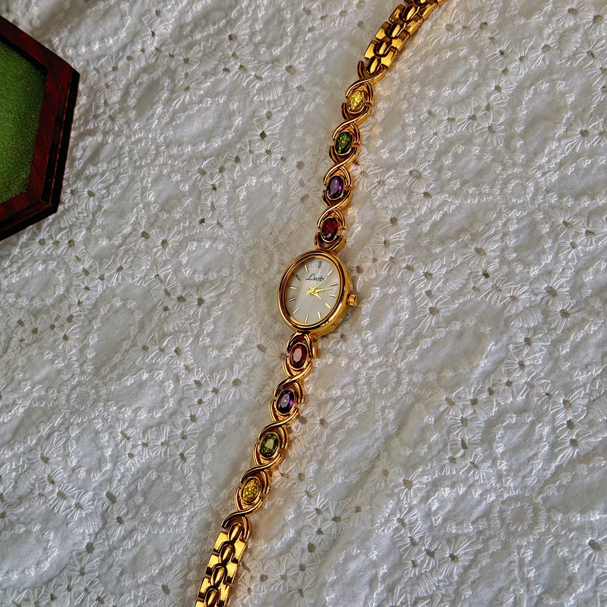 French Vintage Elegant Oval Face Colourful Tourmalines Quartz Watch