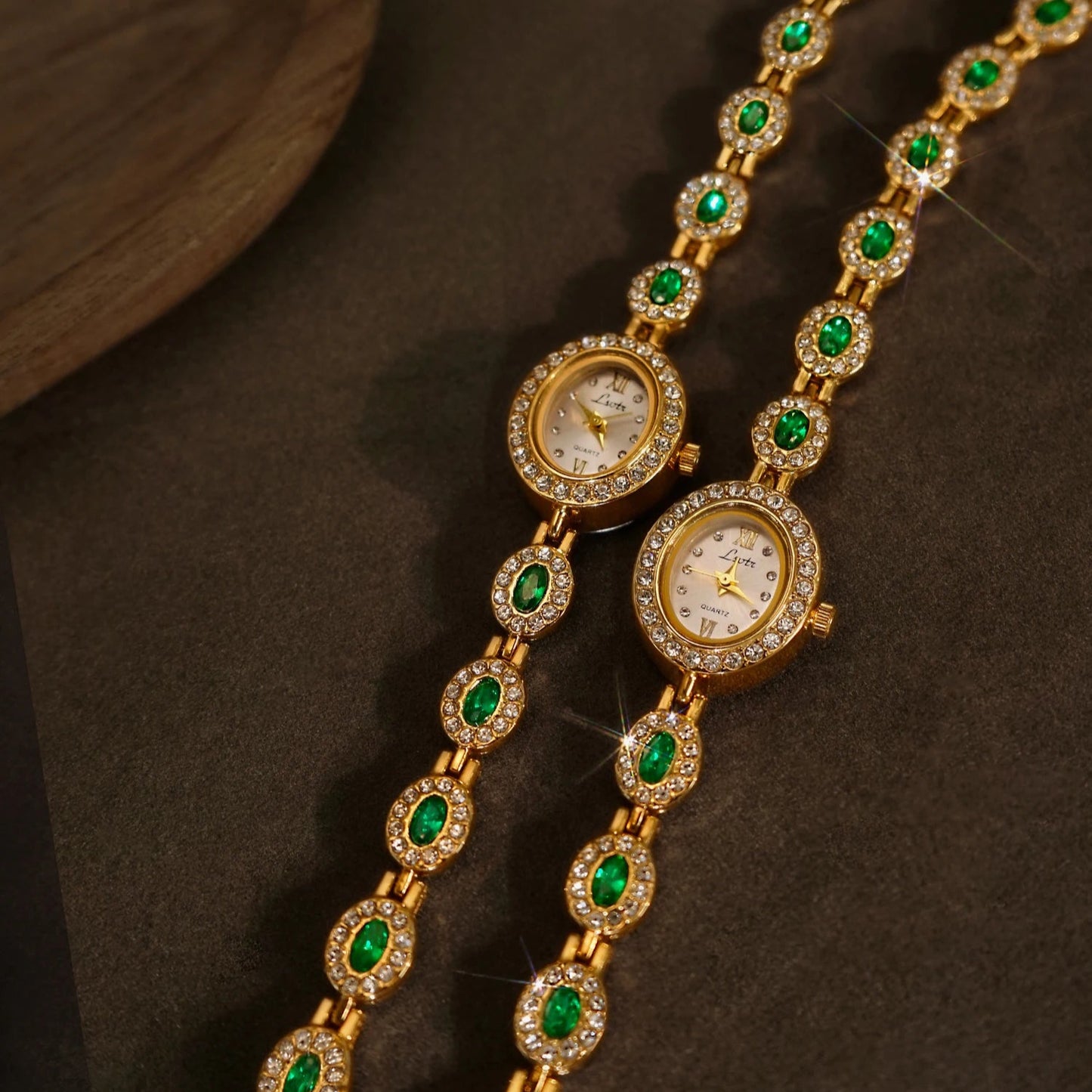 French Vintage Emerald and Ruby Elegant Oval Face Quartz Watch