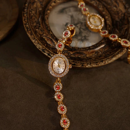French Vintage Emerald and Ruby Elegant Oval Face Quartz Watch