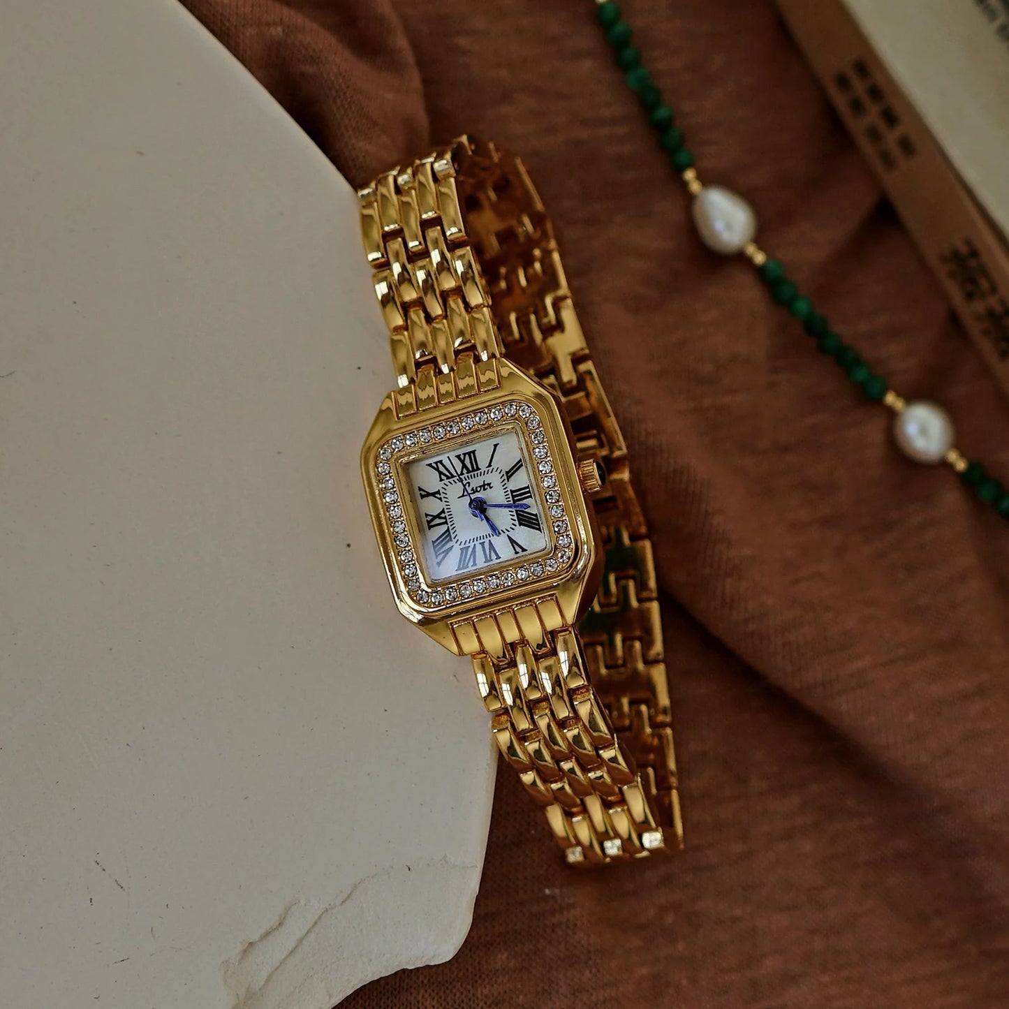 French Vintage Elegant Square Face With Inlaid Rhinestone Gold Quartz Watch