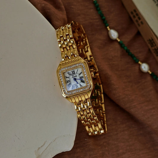 French Vintage Elegant Square Face With Inlaid Rhinestone Gold Quartz Watch