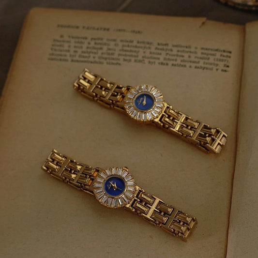French Vintage Elegant Round Blue Face Quartz Watch