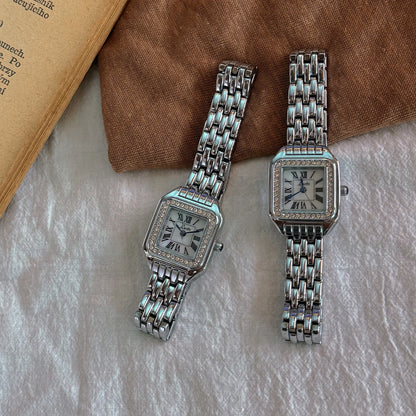 French Vintage Elegant Square Face With Inlaid Rhinestone Gold Quartz Watch
