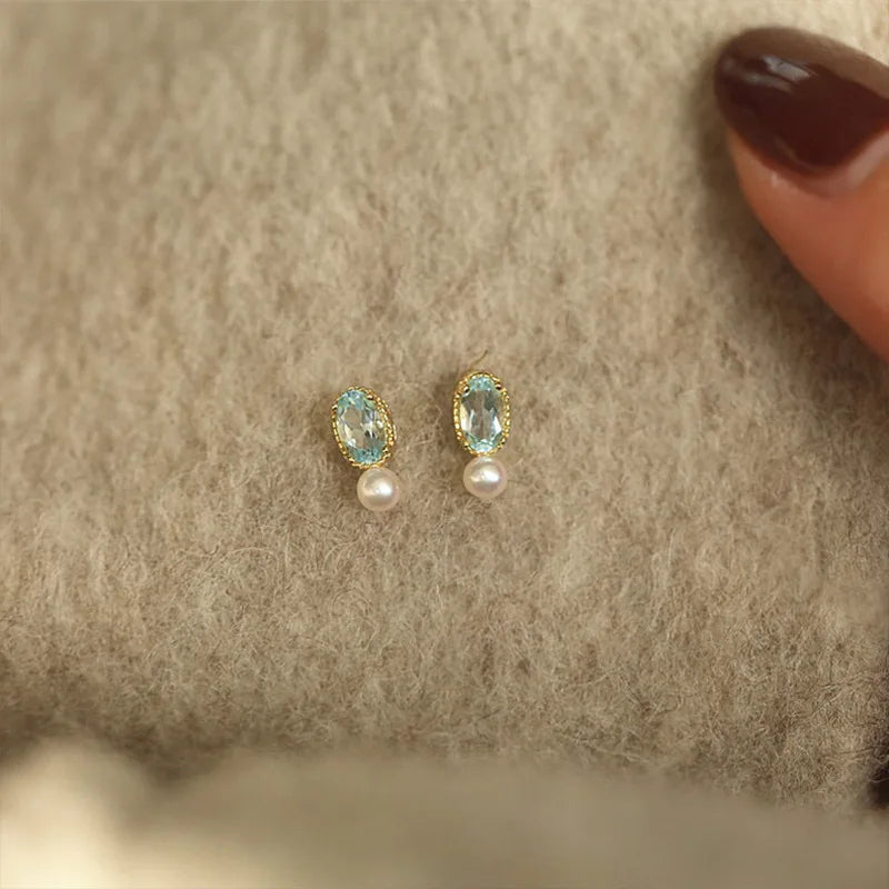 925 Sterling Silver Blue Zircon Pearl Stud Earrings