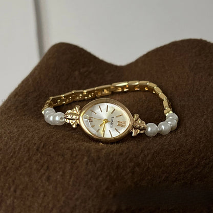 French Vintage Elegant Marquise Face Pearl Quartz Watch