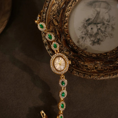 French Vintage Emerald and Ruby Elegant Oval Face Quartz Watch