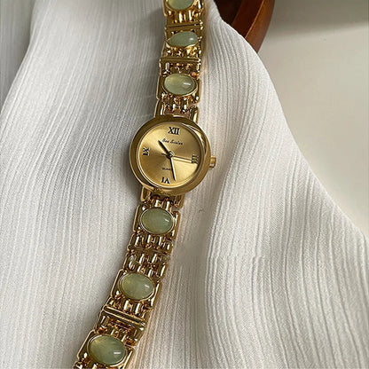 French Vintage Elegant Round Face Green Jade Quartz Watch