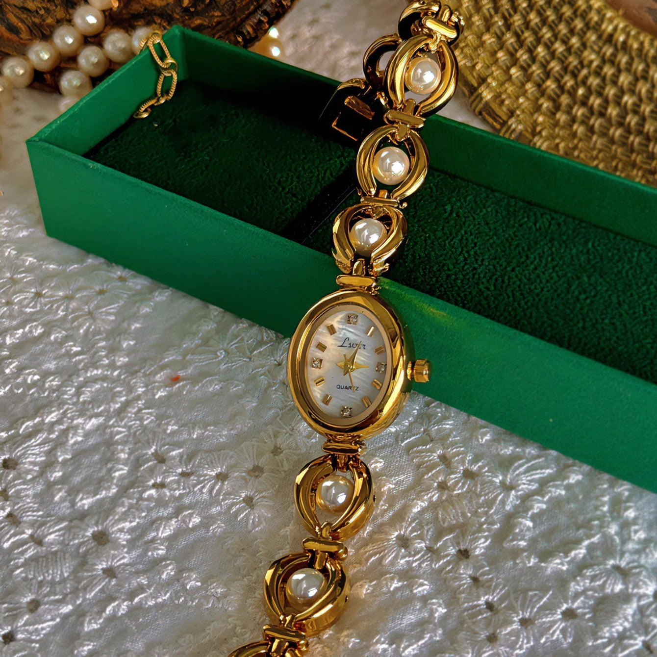 French Vintage Elegant Oval Face Pearl and Emerald Quartz Watch