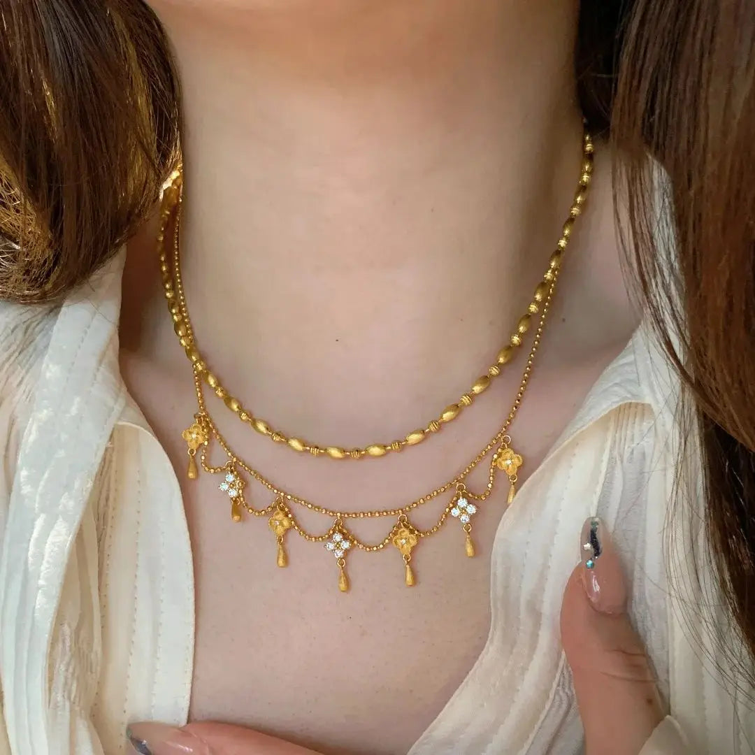 French Vintage Water Droplet Tassel Four-Leaf Clover Necklace