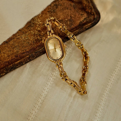 French Vintage Elegant Oval Face Gold Quartz Watch