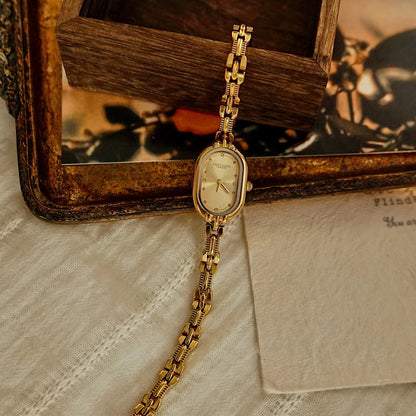 French Vintage Elegant Oval Face Gold Quartz Watch
