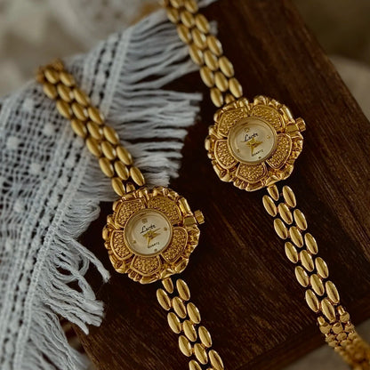 French Vintage Elegant Camellia Flower Round Face Gold Quartz Watch